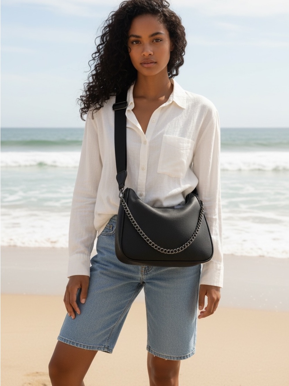 Women's Black Shoulder Bag with Chain Accent